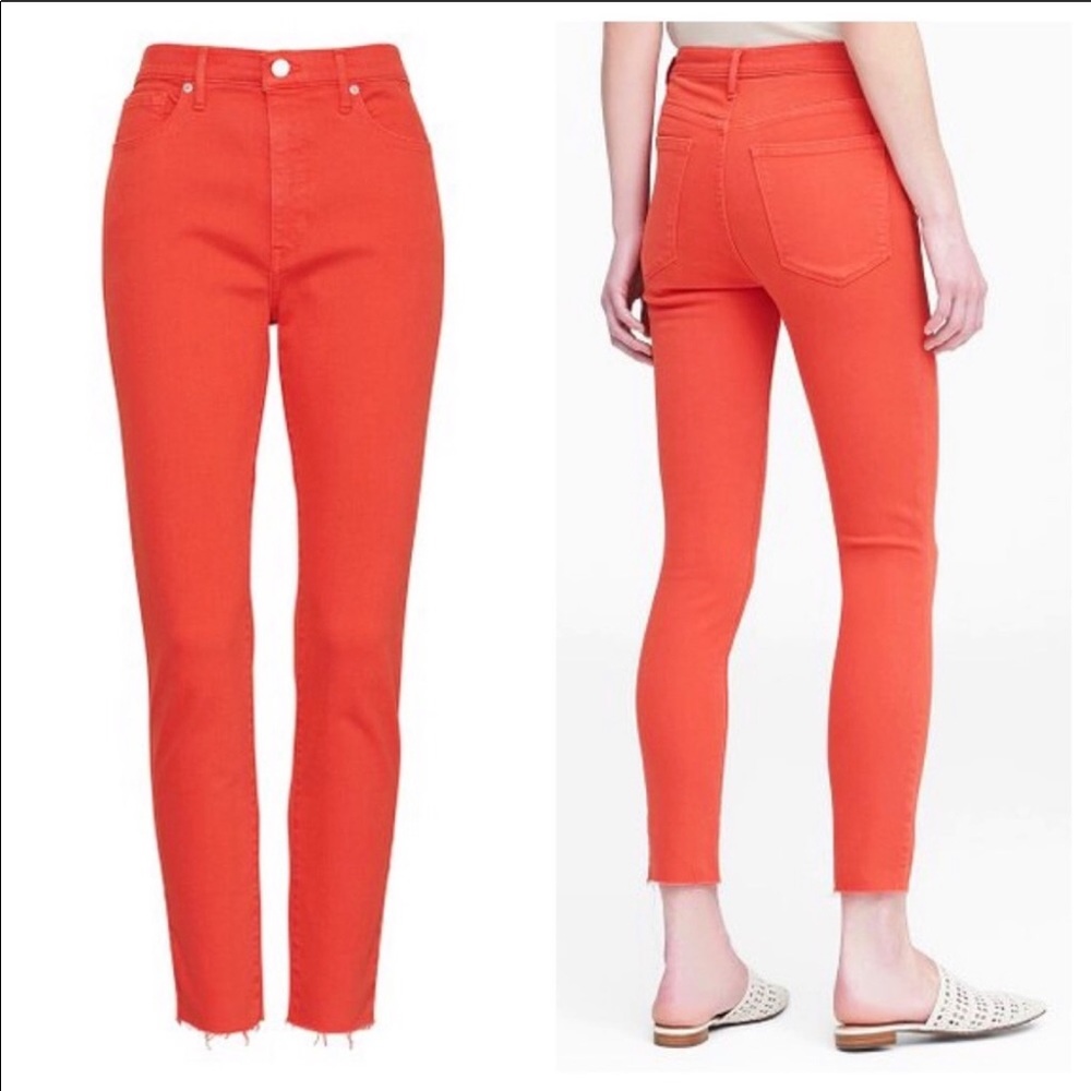 ✨NWT Banana Republic Orange Hi Rise Skinny Raw Hem Ankle Jeans 27 Summer Cotton